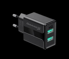 Зарядний пристрій 2X-USB Grand-X CH-15В 2 USB 5V/2.4A з захистом від перенавантаження, чорний